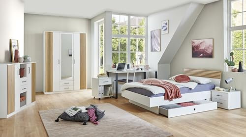 Jugendzimmer Rügen– Kinder- und Jugendzimmer in Weiß und Artisan Eiche Made in Germany, Schwebetürenschrank oder Drehtürenschrank - Verschiedene Set Varianten (7 teilig mit Drehtürenschrank)