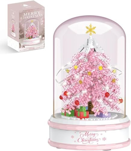 DelightCube Weihnachtsbaum DIY Bausteine Spieluhr Mit Staubdichter Kuppel,Weihnachten Spieluhr Bausteine Bausatz, 276 Klemmbausteine Drehbare Weihnachtsbaum Modellbausatz (Pink)