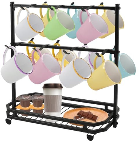 cupeohome Coffee Mug Holder Display Stand, 14 Cup Hooks Kitchen Countertop Metal Mug Tree Holder Rack with Storage Base, 2 Tier Counter Cups Mugs Display Storage Organizer for Kitchen Tea Coffee Bar