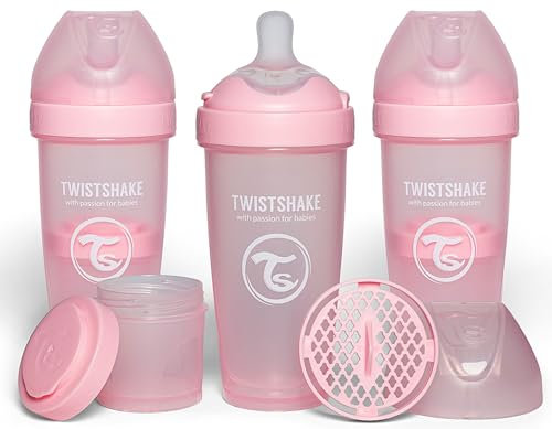Twistshake 3x Pro Double Biberon Anti-colique avec Récipient à lait en Poudre et Mélangeur - 330 ml | Mamelon en Silicone à Débit Rapide | Sans BPA | Convient aux Bébés à Partir de 4 Mois | Rose
