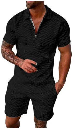 2 Teiler Herren Sommer Outfit Zweiteiler Trainingsanzug Kurzarm Reißverschluss Poloshirt und Kurze Hose Set Kleidung Sportanzug Casual Jogginganzug Freizeitanzug Sport Anzug