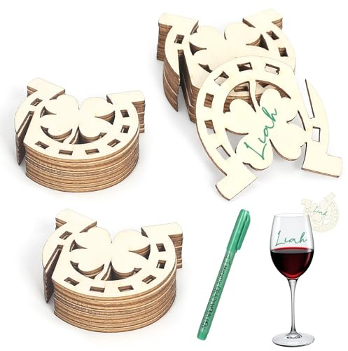 HOWAB Marcadores de vidrio de madera, 25 unidades, vasos de cristal, trébol de cuatro hojas y herradura, marcadores de vino, adecuados para bodas, despedida de colegas