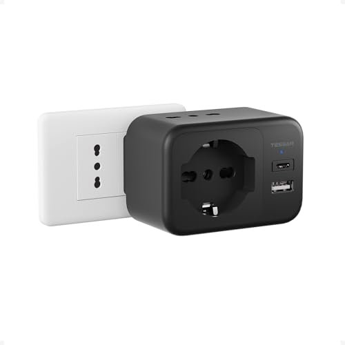 TESSAN Presa Multipla Salvaspazio, Multipresa da Parete con 2 Porte USB, 5 in 1 Multipresa con 1 Schuko e 2 Prese IT, 2500W Caricatore USB C da Muro per Casa, Dormitorio, Ufficio