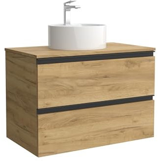 Mueble de Baño BEQUIA Metal 80cm Roble | Lavabo sobre encimera Porcelana Centrado
