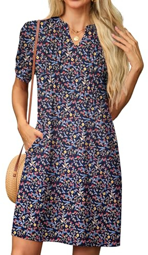 GRECERELLE Womens Dresses Summer Casual Short Sleeve V Neck Shift Dress for Women Ladies T Shirt Dress with Pockets (Dark Blue Mimosa, L)
