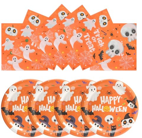 PARTY GO 50 Pezzi Piatti e Tovaglioli Halloween Kit Halloween Party, Stoviglie Carta Decorazioni Tavola per 25 Ospiti Giallo Feste di Compleanno da Brivido Decorazioni per Bambini