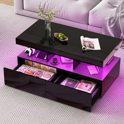 DAHUEN Niedriger Tisch und LED-Beleuchtung, moderner Wohnzimmertisch, mit 2 Schubladen und offenem Stauraum, Hochglanz-Wohnzimmertisch, 104 × 53 × 46 cm, Weiß (Schwarz, 104 × 53 × 46 cm)