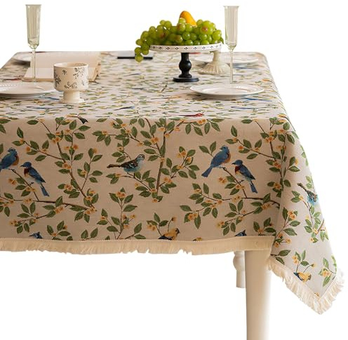 Tischdecke mit Quasten 140 × 220 cm Blatt- und Vogel-Dekorative Tischdecke Baumwoll-Leinen-Gewebte Tischdecken