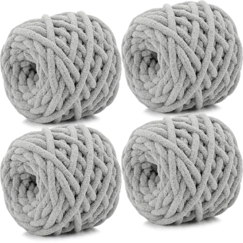 Xtrillogen 4x100g Chenille Wolle zum Häkeln,Chunky Wolle zum Stricken, Flauschig Häkelgarn Baumwolle, Bunte Chunky Yarn,Knitting Chenille Garn,Weben von Taschen, Schal,Decke,Mützen(Hellgrau)
