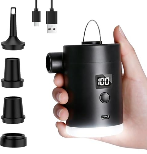 Portable Air Pump for Inflatables Electric Mini Air Bed Pump Type-C Rechargeable with Camping Light for Air Mattress Pool Floats Camping Travel