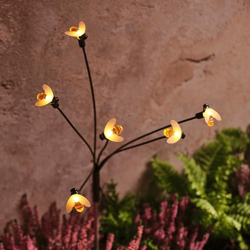 Lights4fun Bienen Solar-Gartenstecker | mit warmweißen Mikro-LEDs | Solarbetrieb Sonnenenergie | Sommer Deko Blumenbeet für Garten & Beete | Höhe 70 cm