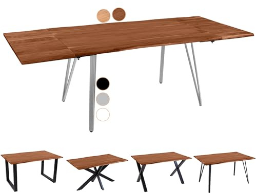 SAM Baumkantentisch 120 (200) x 90 cm Avino, Akazienholz nussbaumfarben & massiv, Esszimmertisch mit 2 Ansteckplatten, Silbernes Vierfuß-Metallgestell, Esstisch ausziehbar 4-6 Personen