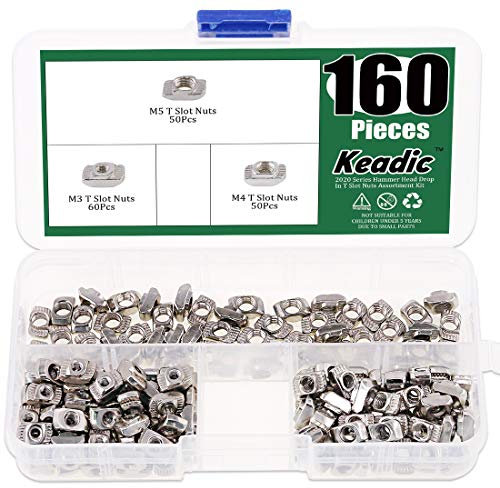 Keadic 160Pcs 2020 Series T Nuts, M3 M4 M5 Hammer Head Fastener Drop in T Slot Nut Assortment Kit with Organizing Box for Aluminum Profile - Carbon Steel Nickel Plated