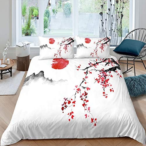 Japanese Cherry Blossom Bedding Set Smoky Mountain Print Soft Duvet Cover for Kids Boys Girls Teens Watercolour Comforter Cover(1 Duvet Cover 1 Pillow Case),Single Size