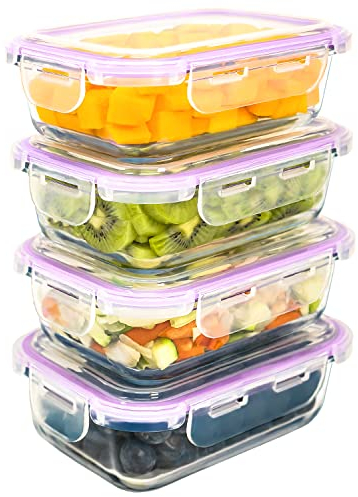 LG Luxury & Grace Lot de 4 Boîtes Alimentaires en Verre 600 ml. Récipient Hermétique. Boîtes de Conservation pour Micro-Ondes, Four, Lave-Vaisselle et Congélateur. Sans BPA.