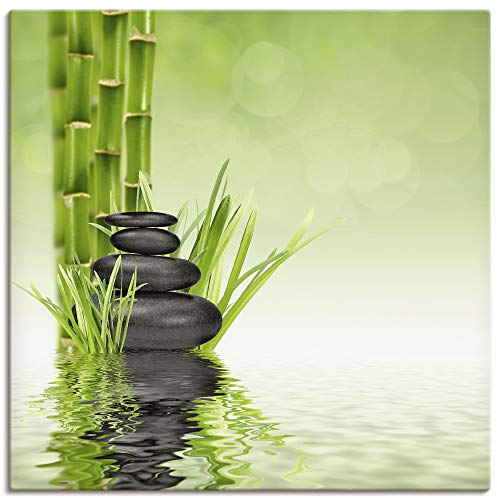 ARTLAND Wanddeko Leinwand Bilder Wandbild 70x70 cm Asien Zen Wellness Spa Wasser Bambus Steine Grün R2PR