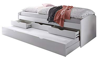 Funktionsbett Clara 90 * 200 cm mit ausziehbarer Gästeliege + 3 Schubladen weiß Kinderzimmer Jugend Studenten Tandem Sofa Tages Kojen Ausziehbet
