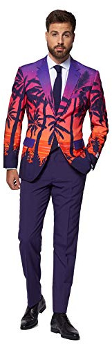 OppoSuits Herrenanzug - Summer Sunset Party Outfit - Tailliertes Outfit - Lila, Orange und Schwarz - Beinhaltet Blazer, Hose und Krawatte