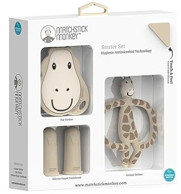 Matchstick Monkey Beißring Starter Set 3 teilig - Baby Zahnungshilfen - für wundes Zahnfleisch - Silikon - BPA-Frei - Beißring Tiermotiv, Beißring Gesicht, Fingerzahnbürsten - Gigi Giraffe