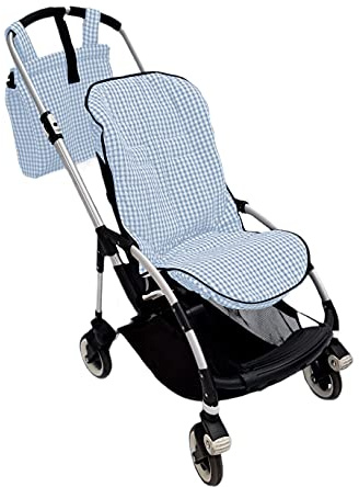 Conjunto PERSONALIZADO colchoneta o funda y bolsa panera para silla carrito compatibles con Bugaboo Bee. Vichy (Celeste)