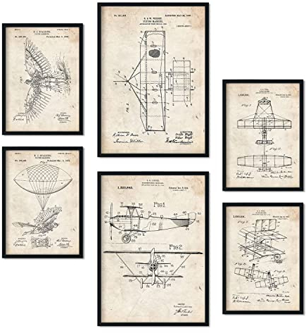 Nacnic Set von 6 Plakaten mit Flugzeug Patenten. Plakate mit Retro-Patentabbildungen. Inneneinrichtung im Vintage-Stil. Grösse A4 und A3. Mit Rahmen.