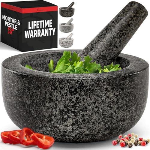 Priority Chef Heavy Duty Large 1.5 Cup Mortar and Pestle Set, 100% Natural Granite, 5.5 Inch Diameter Bowl, 6.2 Inch Pestle, Non-Slip Base, Stone Grinder for Guacamole Salsa Pesto Herbs Spices, Black