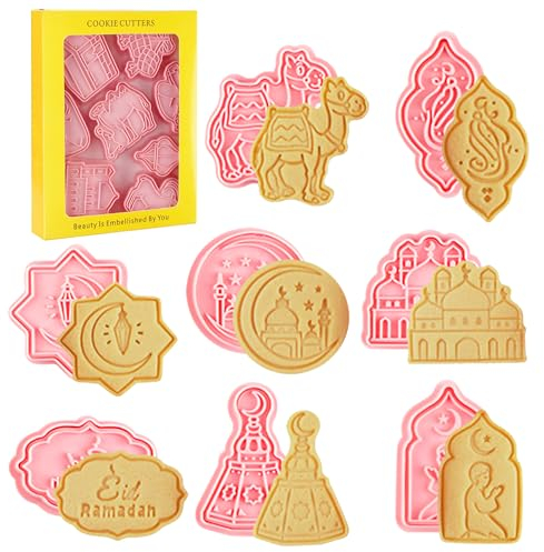 Eid Mubarak Cookie Cutter, 8 Stück Eid Mubarak Ausstecher Ausstechformen-Set, 3D-Ausstechform Ramadan Plätzchenausstecher für Kinder Keksausstecher 3D Ausstecher Plätzchenformen für Kuchen,Backformen