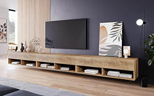MINIO go for it - Lowboard TV-Schrank I 300x30x33 cm I mit Türen und Offene Nischen I Laminierte Spannplatte I Praktisch und Funktionell I Kastanien Breslau - LED Beleuchtung