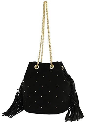 modamoda de T246 Damen Schultertasche Wildleder mit Fransen und Goldkette handmade in Italy, Farbe:T246 Schwarz