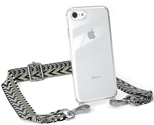 EAZY CASE Handykette - Verstellbarer Trageriemen kompatibel mit iPhone SE (2022/2020) / iPhone 8/7, Handykordel mit Schutzhülle durchsichtig, Riemen für Handyketten, Grün/Schwarz Metall Silber