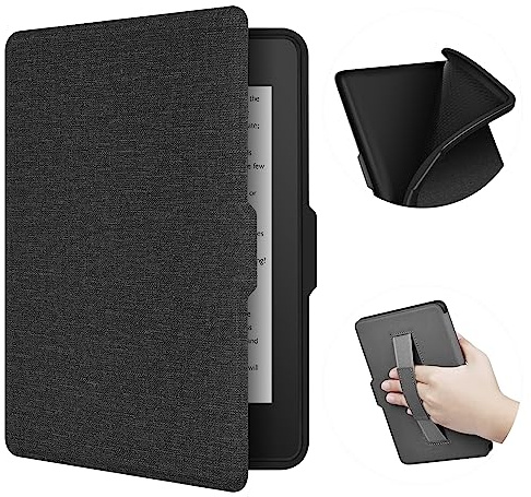 ERUNTO Custodia per Kindle Paperwhite 1/2/3 da 6 pollici, Cover in TPU con Texture in Tessuto e Maniglia sul Retro, Cover Magnetica con Funzione Smart Wake-up/Sleep (Nero)