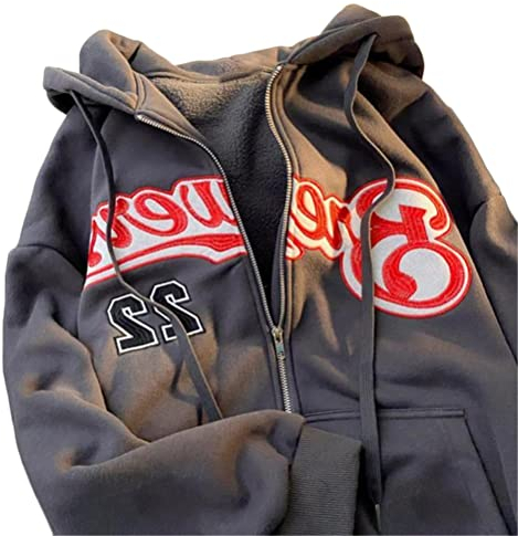 Tomwell Damen Y2K Jacke Zip Up Hoodies Harajuku Hip Hop Sweatshirt Vintage Goth Druck Kapuzenjacke Straßenmode Unisex Kordelzug Sweatjacke mit Kapuze 90er E-Girl A Dunkelgrau S