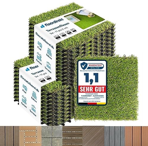 Floordirekt Piastrelle per prato Erba sintetica giardino 30x30 cm, 2m² 22 pezzi, per terrazze e balconi - Rivestimento per pavimenti - Resistente alle intemperie con funzione di drenaggio | Grass