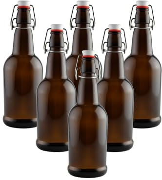 FastRack Swing Top Glass Bottles | Amber Glass Bottles for Home Brewing | Flip Top Glass Bottles for Carbonated Drinks, Kombucha, Fermentation, Water |16 oz – Pack of 6 | Food Grade – ECO Friendly