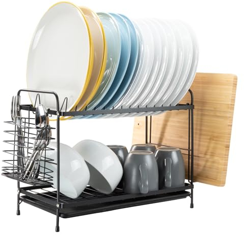 Coselena 2-Tier Black Dish Drainer Rack - Multifunctional Dish Drainer with Utensil Holder - Kitchen Storage Rack - Space-Saving Drainers for Kitchen Sink - Countertop Organizer