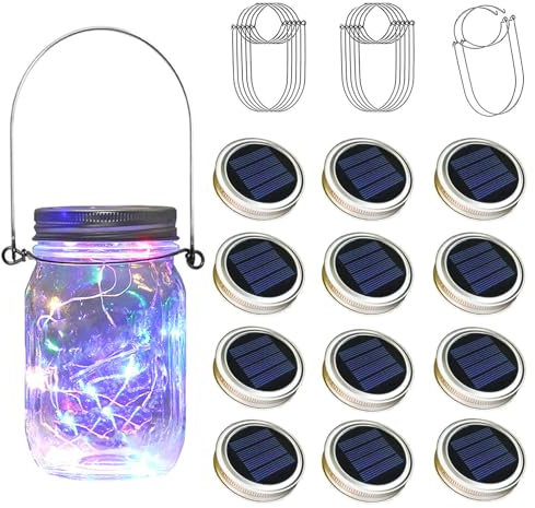TecHong 12 x Solar Mason Jar Light Lids - 30 LED Hanging Fairy Firefly String Light Lantern Cap, Outdoor Waterproof Patio Porch Garden Yard Balcony Lawn Wall Lighting Decor(No Jar Included)