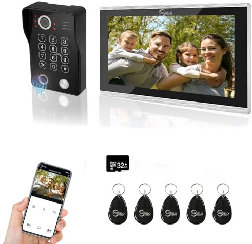 ANJIELO SMART Videocitofono per campanello, touch screen da 10 pollici, con sistema di campanello cablato 1080P, supporta impronte digitali, scheda RFID, password, uso con APP TUYA