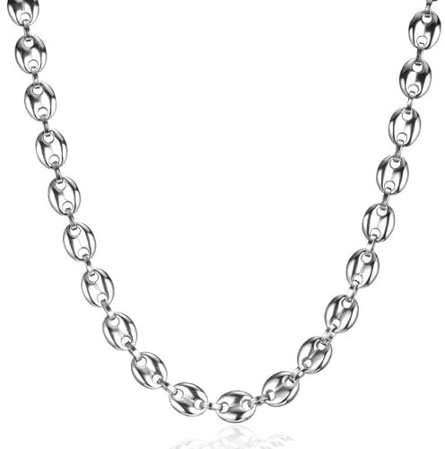 LOCCY Herren Kette Halskette, 6/7/9/11mm breit Edelstahl Kaffeebohne Kette Bohnenkette Silberkette Hip Hop Halskette für Männer Jungen, Länge 46/51/56cm, Silber (Silber-7mm Breit, 46)