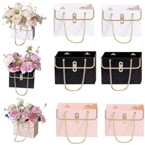 6 Pcs Flower Boxes for Bouquets, Floral Bouquets Bag Florist Storage Bucket for Flowers Bouquets Plants Sweets, Wedding Birthday Graduation Party Gift Wrap Bag(Pink Black White)