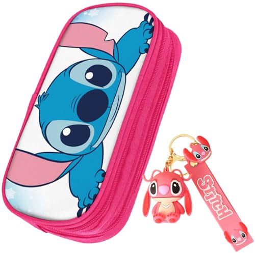 Trousse Stitc(Rose),Trousse Stitc Fille,Trousse Double Couche de Grande Capacité,Trousse Scolaire Stitc,Avec Porte-Clés Rose,Enfant Anime Sac Papeterie Trousse à Crayon pour Garçon Ou Fille Étudiant