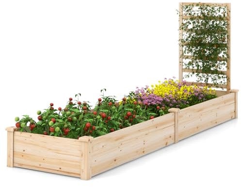 GOPLUS Jardinera con enrejado, bancal alto con enrejado, jardinera con suelo abierto, enrejado de madera de abeto, bancal de hierbas para patio, terraza (235 x 63 x 102 cm)