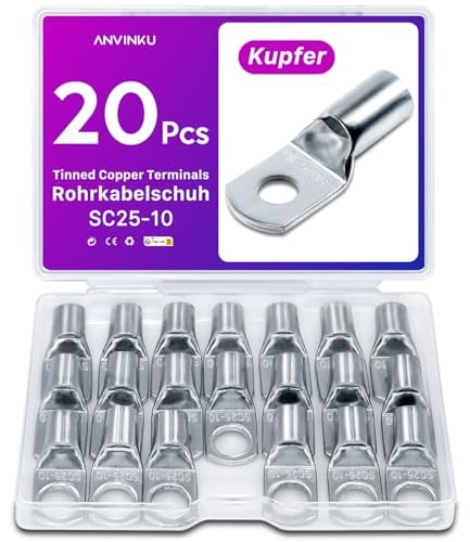 20 Stück Rohrkabelschuh 25mm2 M10 Kabelschuhe Set, ANVINKU Rohrkabelschuhe Set für Kfz Batteriekabel Set, Kabelschuh Sortiment, SC Rohrkabelschuh Set, 25mm² Kabelschuhe für Auto Motorräder Boote