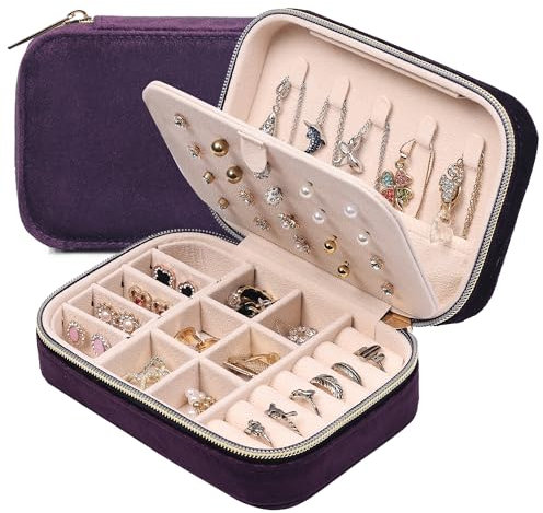Dajasan Reise Schmuckkästchen, Klein Schmuckaufbewahrung, Schmuckschatulle, Samt Schmuck Organizer für Damen Mädchen, Schmuck Geschenk Box für Geburtstag, Weihnachten, Muttertag (Tiefviolett)