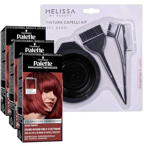 KIT TINTA CAPELLI: 3x Tinta Palette Colorazione Permanente, Crema Colorante Professionale, Copertura Capelli Bianchi, Sistema Anti-danni + Set Tinta Capelli da 3pz (5-72 Rosso Ramato)