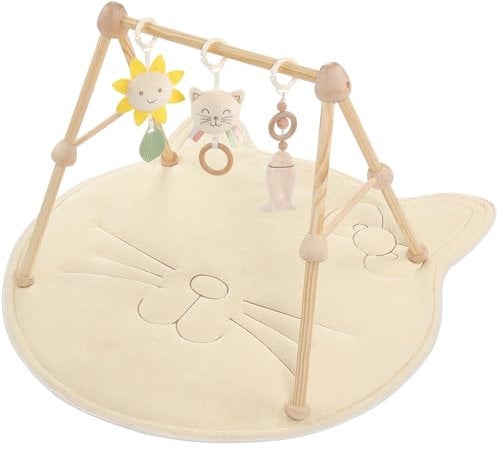 Cottonbebe 4 IN 1 Katze Spielbogen Baby, Spielmatte Babies mit Natur Holz Activity Spielbogen, 3 abnehmbaren Spielzeugen zum Greifen, für ab 0-3-6-12-36 Monaten