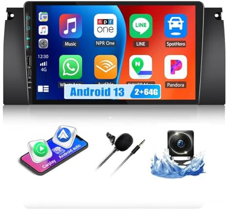 SIXWIN 2+64G Android 13 Autoradio für BMW 5 E39 E53 M5 X5 (1996-2007) mit Carplay/Android Auto/Mirrorlink,Unterstützt WiFi/GPS/FM/RDS/Bluetooth/EQ/USB/Lenkradbedienung+Rückfahrkamera