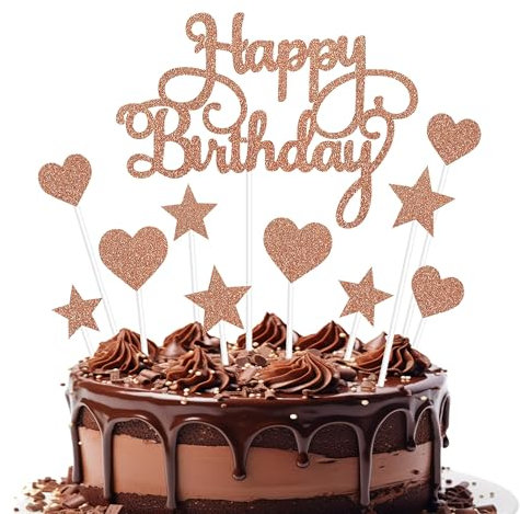 11 Pièces Decoration Gateau Anniversaire Or Rose, Happy Birthday Cake Topper, Topper Étoile Gateau Deco Gateau Coeur, Décoration de Gâteau pour Fille Garcon Fête Anniversaire Baby Shower Mariage