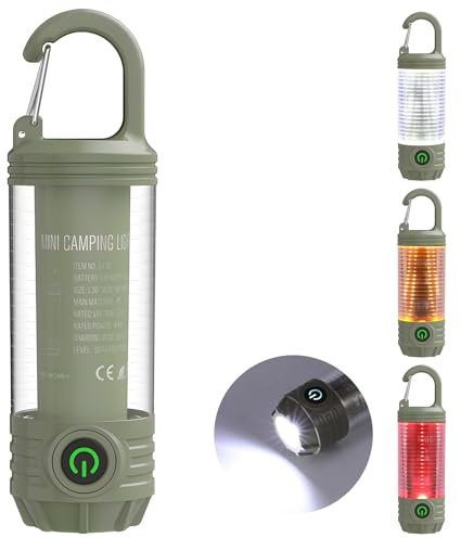 Lampe de camping rechargeable avec crochet, mini lampe de poche LED portable, 6 modes d'éclairage, lumière d'urgence étanche pour occultation, ouragan (vert foncé)