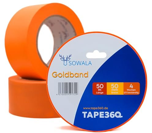 sowala Goldband Malerkrepp 3 Rollen 50 mm x 50 m – Profi Abdeckband für saubere Kanten, 30 Tage UV-beständig, rückstandsfrei entfernbar