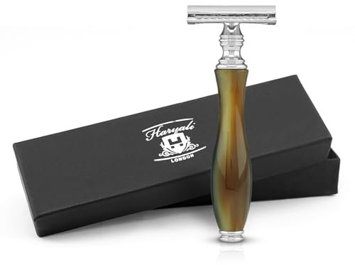 Haryali London Rasierhobel mit Doppelklinge für Damen und Herren – Rasierhobel mit Doppelklinge aus Kunstharz – Büffelhorn-Imitat – Wiederverwendbarer Rasierer – Passend für alle DE-Klingen